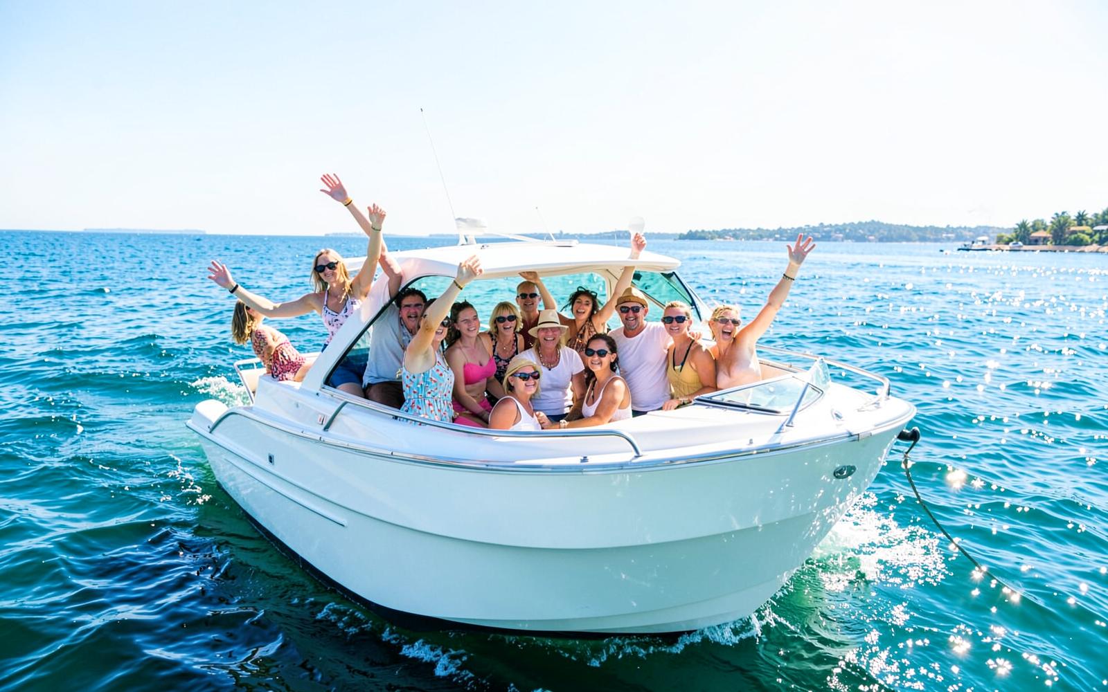 Boat running in open water on a bright afternoon