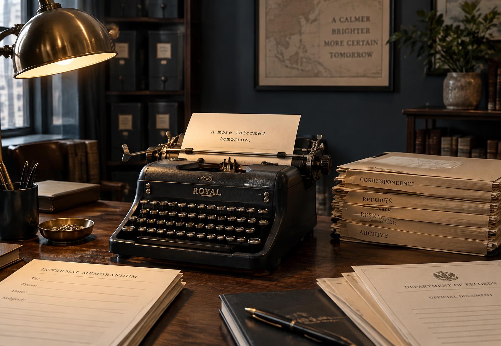 Manual typewriter beside stacked paper files on a wooden desk